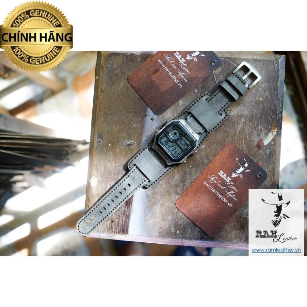 COMBO DÂY ĐỒNG HỒ DA BÒ XÁM + RAM BUNDSTRAP B2 CHO CASIO AE1200 .