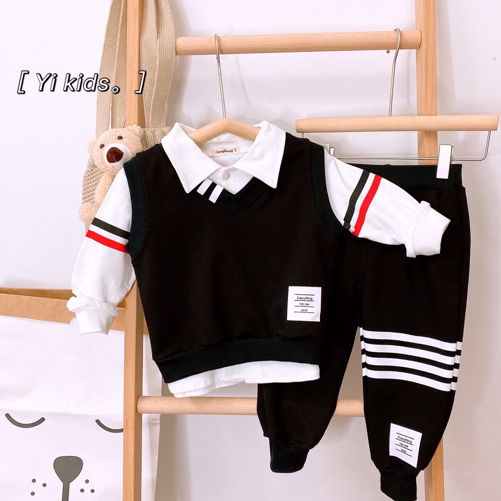 Đồ bộ bé trai, Set nỉ công tử 3 chi tiết áo gilê, áo thun polo dài tay, quần dài jogger bo gấu cho bé 8-20 kg, Duck Kids