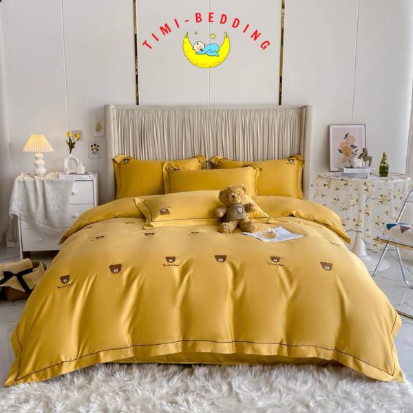Bộ chăn ga gối lụa thêu gấu teddy bear cao cấp, nhập khẩu – Set ga gối lụa 4 món – Timibedding