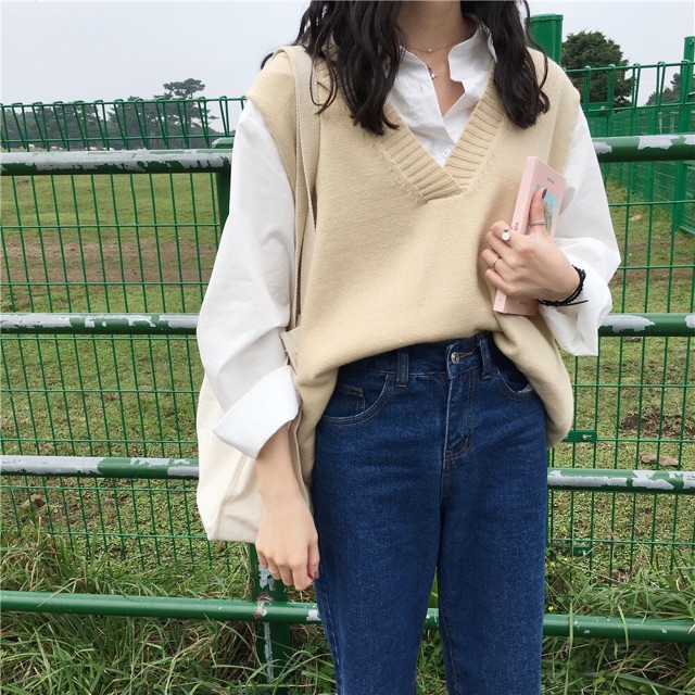 Áo gile len cổ chữ V unisex nam nữ oversize form rộng dáng dài