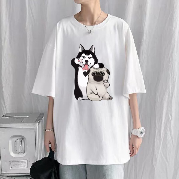 Áo thun Chó Pug tay lỡ form suông rộng chất liệu thun cotton mềm mại