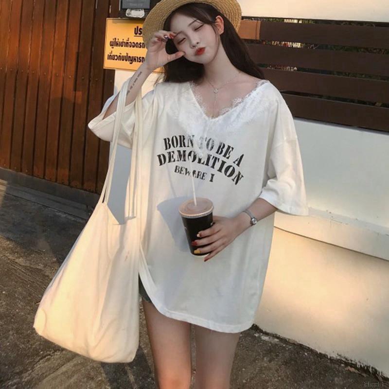 Áo thun form rộng cổ V ngắn tay in họa tiết thời trang