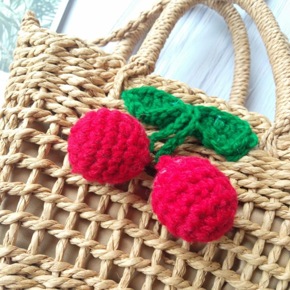 Túi Cói Đi Biển Đeo Chéo, Gắn Quả Cherry, Có Dây Rút Giữ Đồ, Shop Tặng Kèm Nơ Xinh Xắn | BigBuy360 - bigbuy360.vn