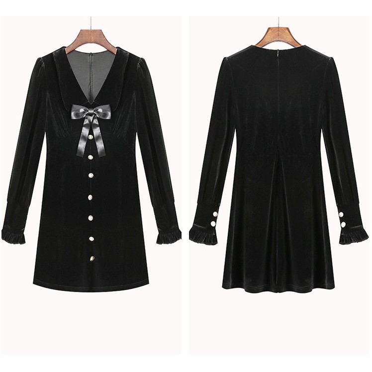 [SALE CHÀO HÈ] Váy nhung cổ chữ V có lót trong đính nơ lụa đen siêu sang chảnh | BigBuy360 - bigbuy360.vn