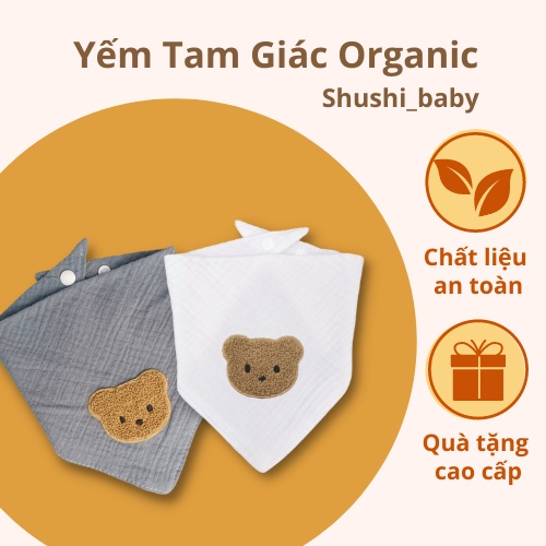 Yếm Tam Giác Cho Bé Vải Organic Thêu Gấu Phong Cách Hàn Siêu Xinh