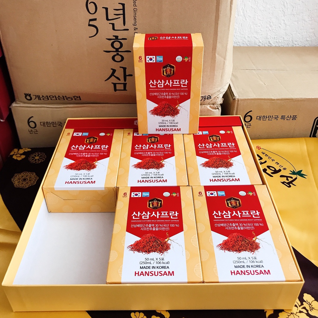 Nước Hồng Sâm Núi Nhụy Hoa Nghệ Tây Saffron Hansusam 365 Hàn Quốc, Hộp 30 Gói x 50ml