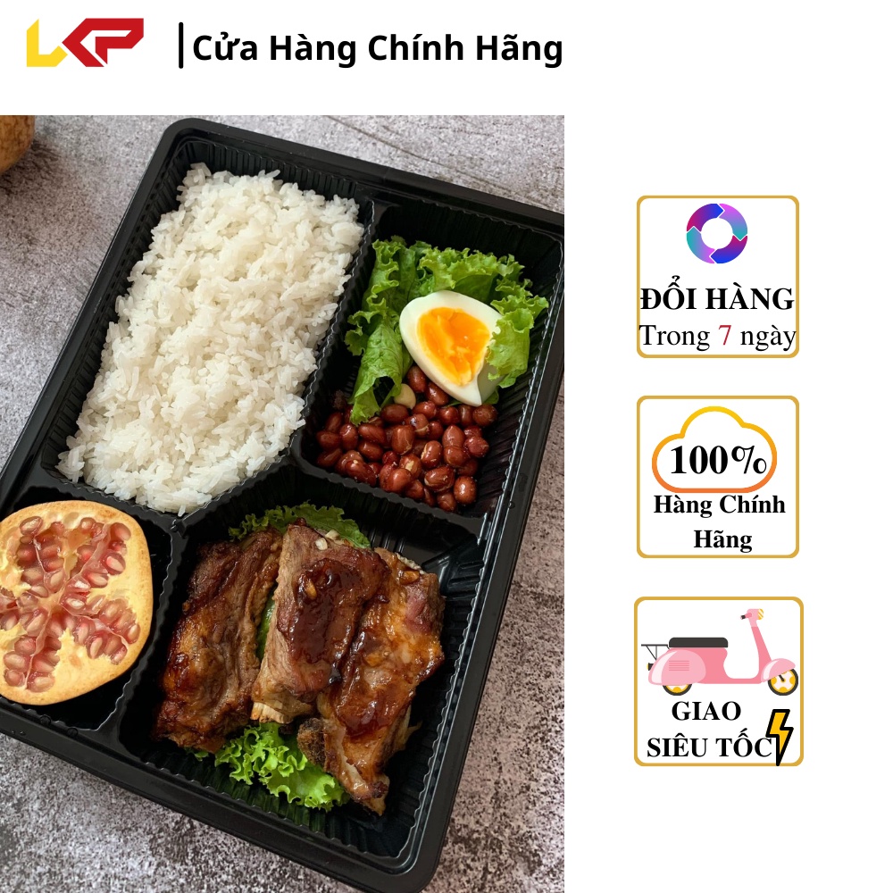 Hộp cơm đen 4 ngăn - Lốc 50 chiếc - Hộp đế đen nắp trong - Cơm văn phòng