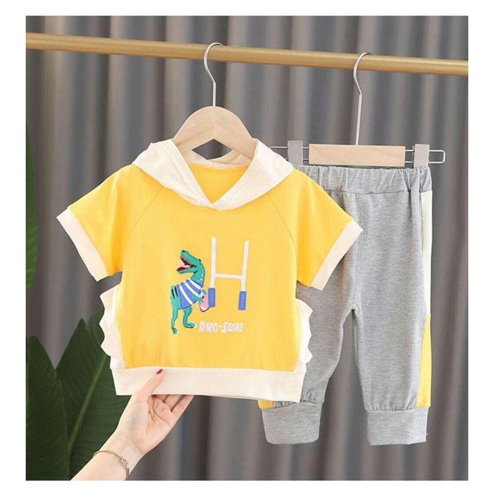 SIZE 1-14 (13-36KG) ĐỒ BỘ BÉ TRAI ÁO TAY NGẮN KIỂU HOODIES QUẦN DÀI THUN COTTON HIỆU PETIT IN HÌNH KHỦNG LONG