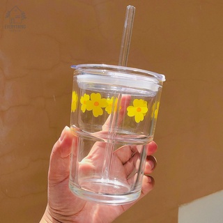 Ly thủy tinh hoa mai kèm nắp đậy và ống hút