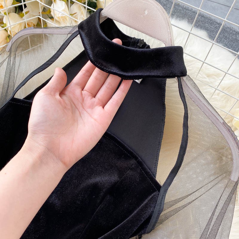 Đầm Nhung Dự Tiệc Hở Ngực Phối Tay Hàng Thiết Kế Tôn Dáng Sang Trọng | BigBuy360 - bigbuy360.vn