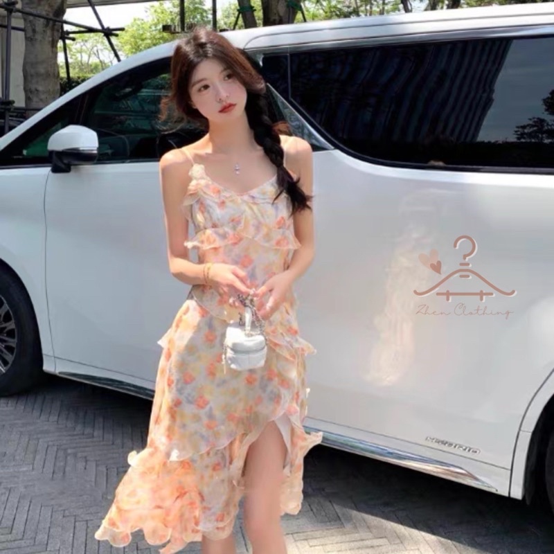 Đầm hai dây hoa xẻ tà tầng chéo ngọt ngào, váy hai dây đi biển