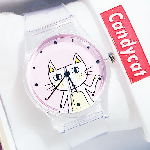 Đồng hồ thời trang nữ dây nhựa trong cao cấp mặt thú xinh Candycat PKHRCAT004 (Đường kính mặt: 34 mm)