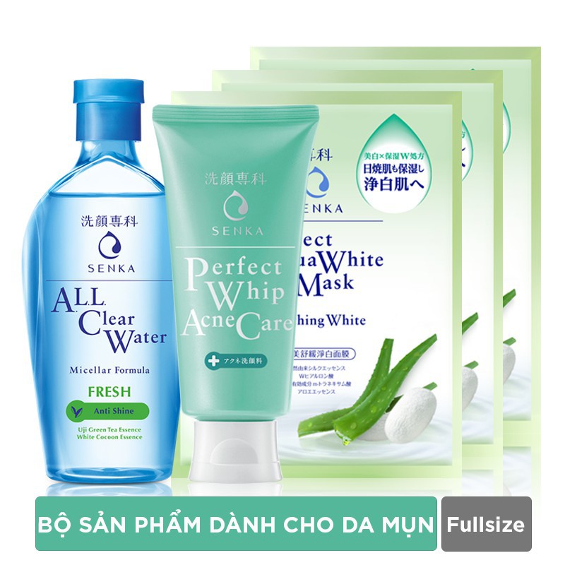 Bộ sản phẩm dành cho da mụn Senka (A.L.L Clear Water Fresh 230ml+SRM Acne Care 100g+Mặt nạ 25mlx3)_95121 -buicosmetic