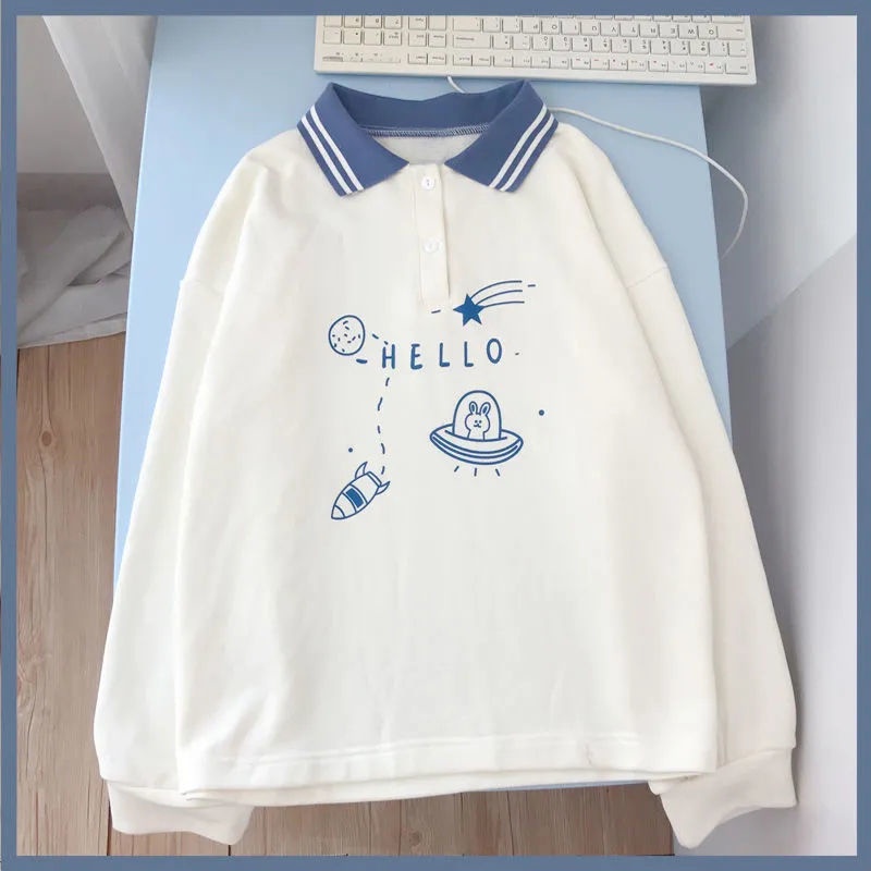 Áo cotton tay dài dáng rộng in họa tiết thỏ dễ thương phong cách retro thời trang cho nữ