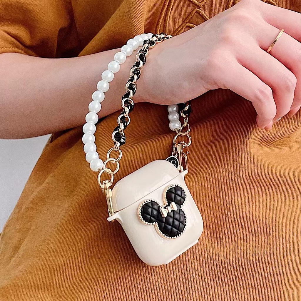 Vỏ Bảo Vệ Hộp Sạc Tai Nghe Bluetooth Mềm Hình Đầu Chuột Mickey Màu Đen Kèm Dây Xích Cho airpods1/2 Pro 3