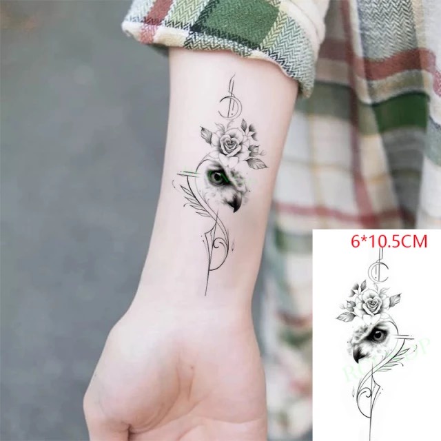 Hình xăm mắt cú + hoa k023 - miếng dán tatoo tạm thời size &lt;10x6cm
