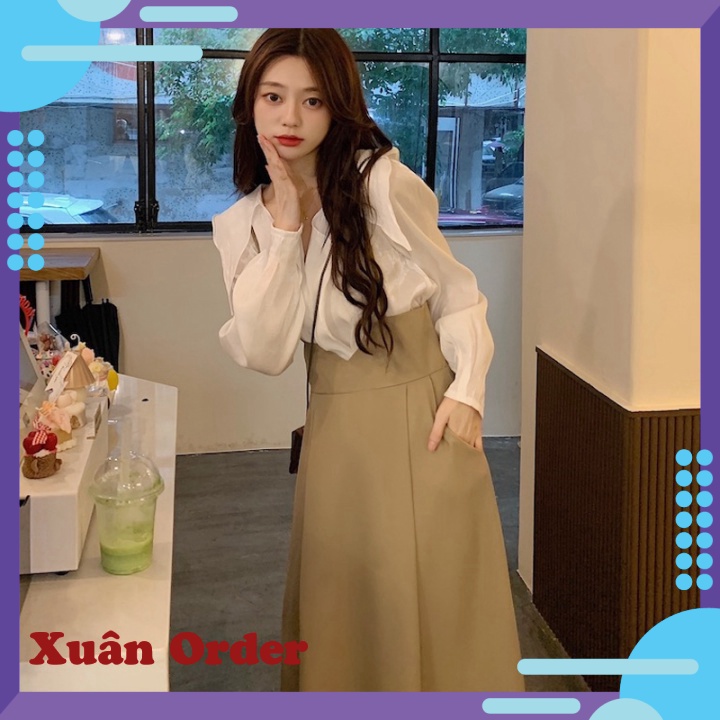 (Order 7-12 ngày, bigsize) váy treo phù hợp với độ tuổi giảm tuổi áo sơ mi xù lông đầu mùa thu tính khí váy hai mảnh