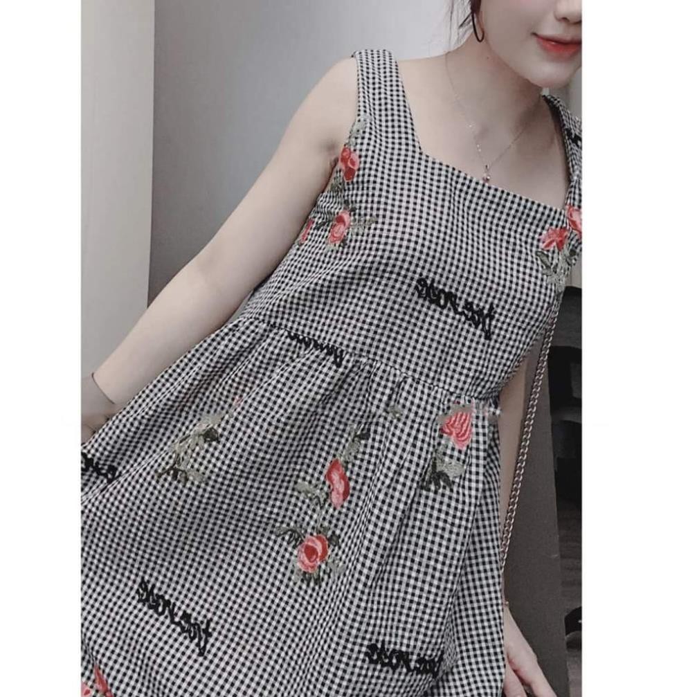 Đầm bầu thời trang thiết kế kẻ caro hoa nhí MB95 chất Đũi Hàn freesize từ 45 đến 70kg