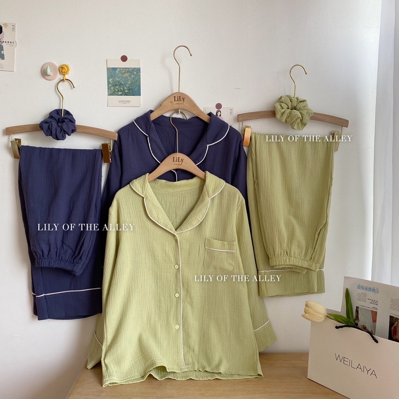 Bộ ngủ pyjama xô đũi muslin cao cấp phong cách ulzzang