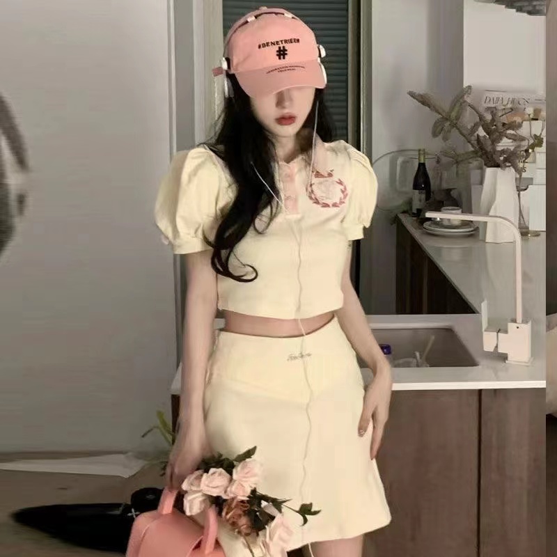 Set đồ Perty gồm áo tay ngắn có cổ và chân váy chữ A thời trang quyến rũ