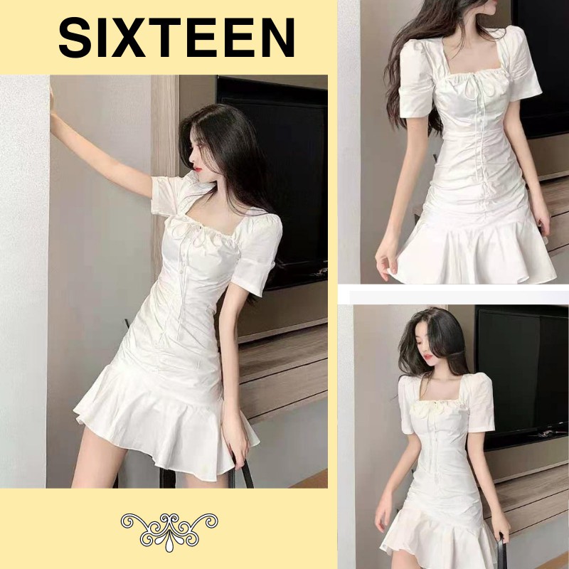 Váy Trắng, Váy Nữ, Đầm Nữ Cổ Vuông Thắt Nơ, Thiết Kế Đuôi Cá Phong Cách Hàn Quốc SIXTEEN.