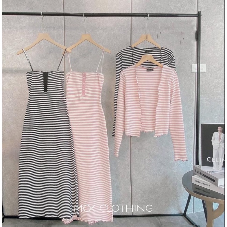Set Đầm Body Kèm Áo khoác Sọc ngang