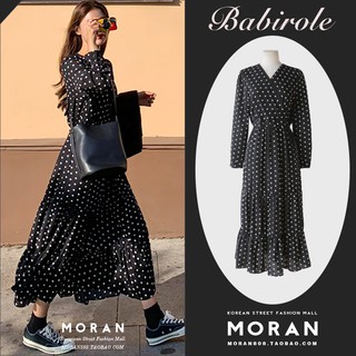 (ORDER) Váy MORAN dài tay chấm bi thun eo xòe dài nhún bèo vintage kiêu Pháp sang trọng