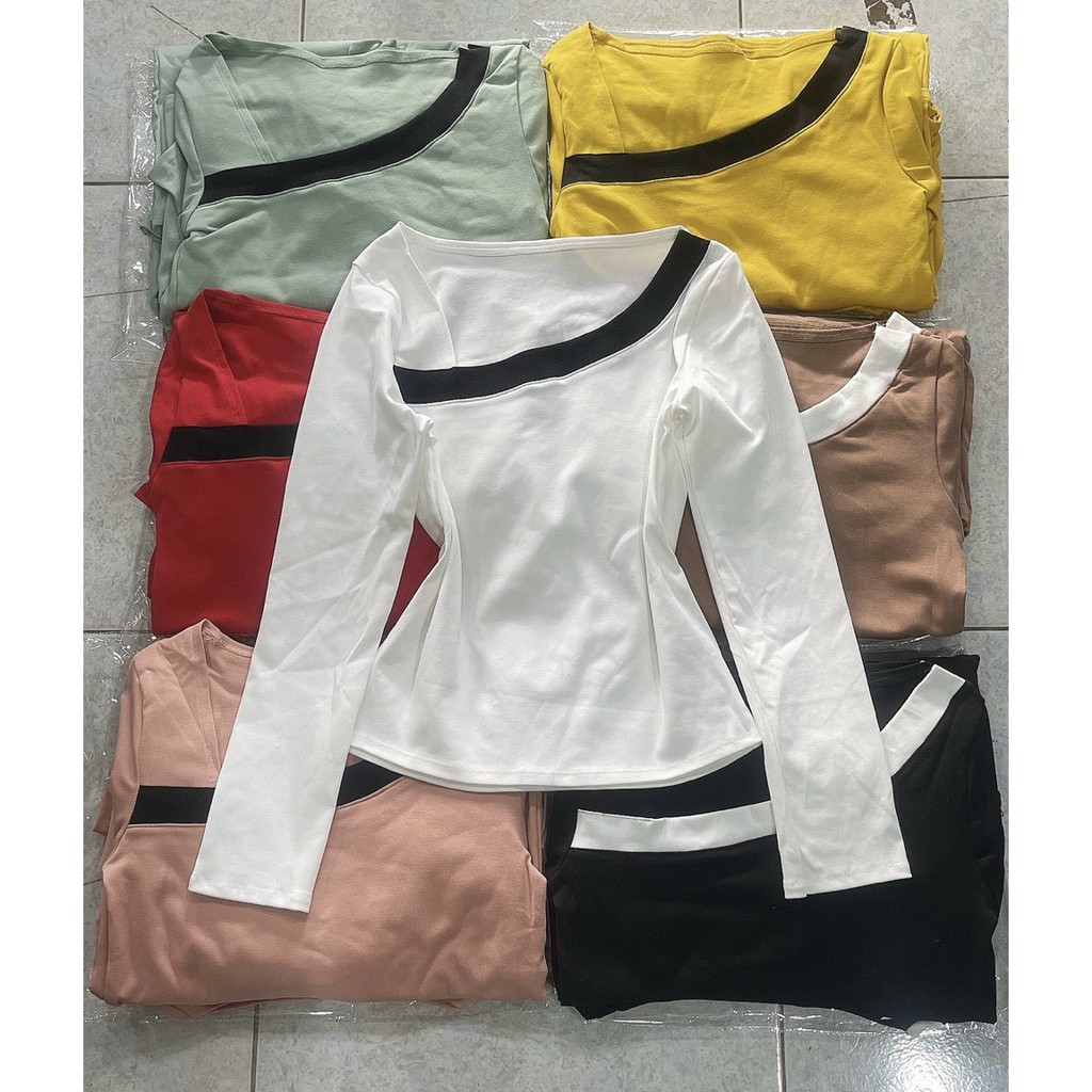 áo kiểu thun bozip viền màu cổ tay dài ôm dáng xinh chất đẹp