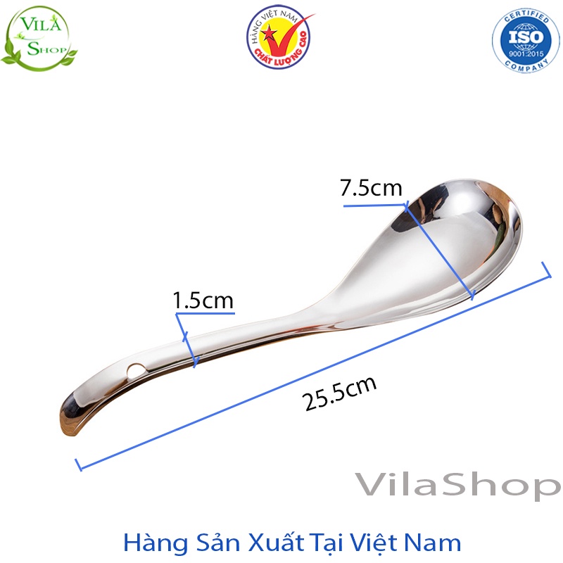 Muỗng Inox, Muỗng Múc Canh Inox Cán Cong Trơn 25.5 cm Chính Hãng Việt Nhật Sản Xuất Trong Nước