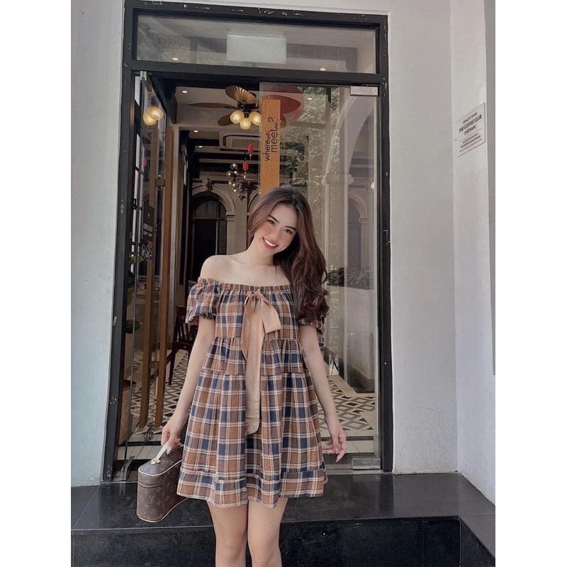 đầm bẹt vai chất bố thô, túi zip hàng qc chuẩn xịn đẹp ( 100% y hình)