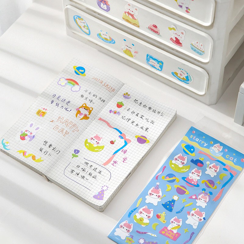 Hình dán sticker gấu em bé siêu cute lấp lánh trang trí sổ tay, máy tính, laptop, góc học tập