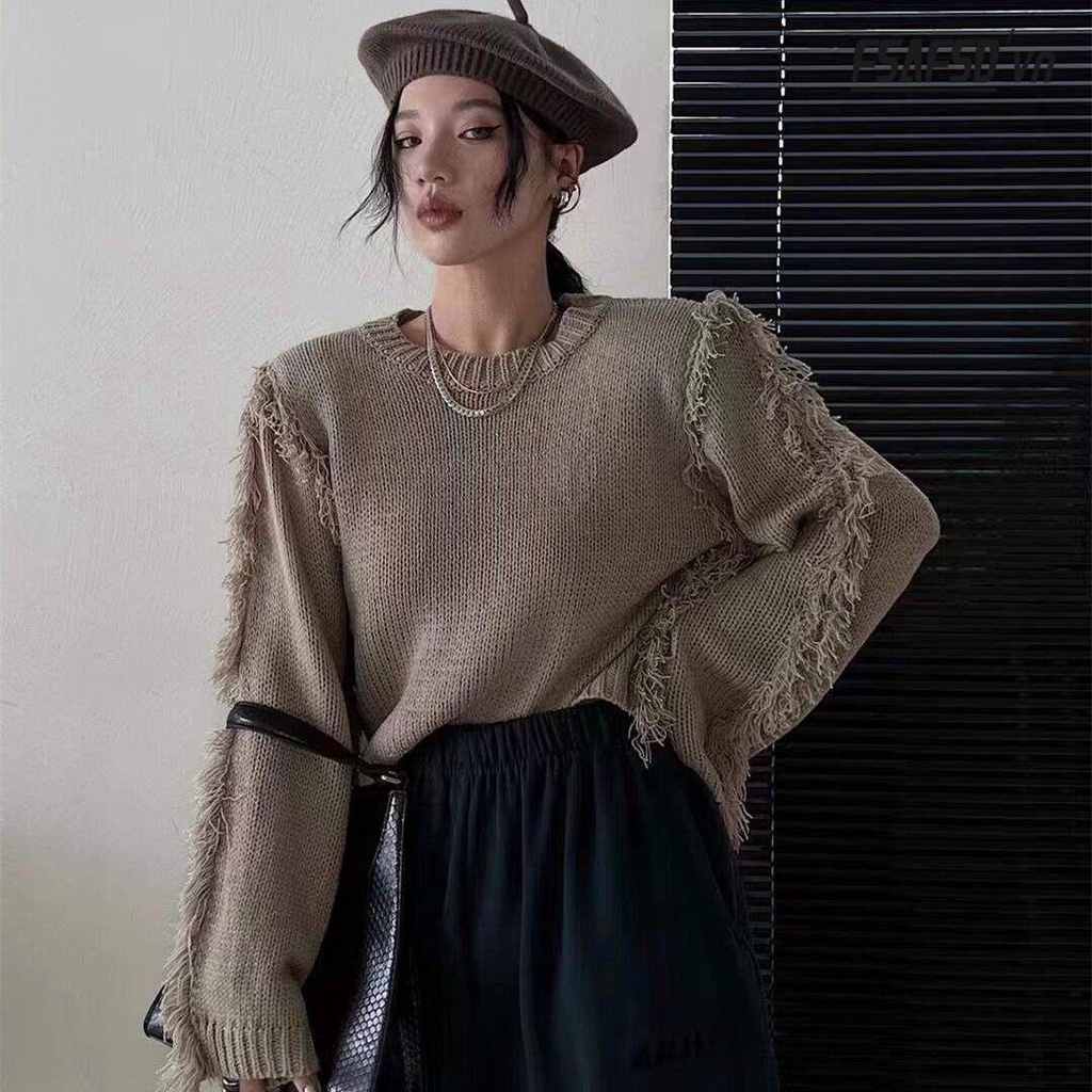 Áo Sweater Nữ Tay Dài Phối Tua Rua Thời Trang