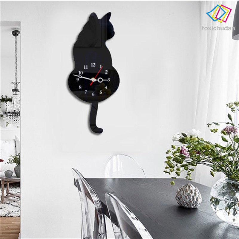 FCD☆  Creative Fashion New Silent White/Black Wagging Tail Cat Wall Clock Household Decorative Clock