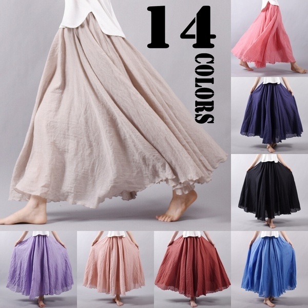 Women Double Layer Linen Maxi Skirt Pleated Vintage Boho Maxi Long Casual Cotton Beach Skirt Dress