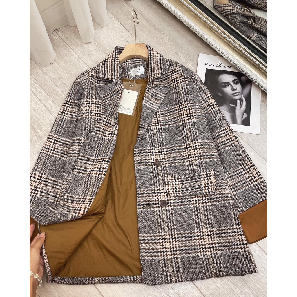 Áo dạ kẻ nâu vắn tay hottren 2022, hàng quảng châu cao cấp với thiết kế sang trọng, lịch sự