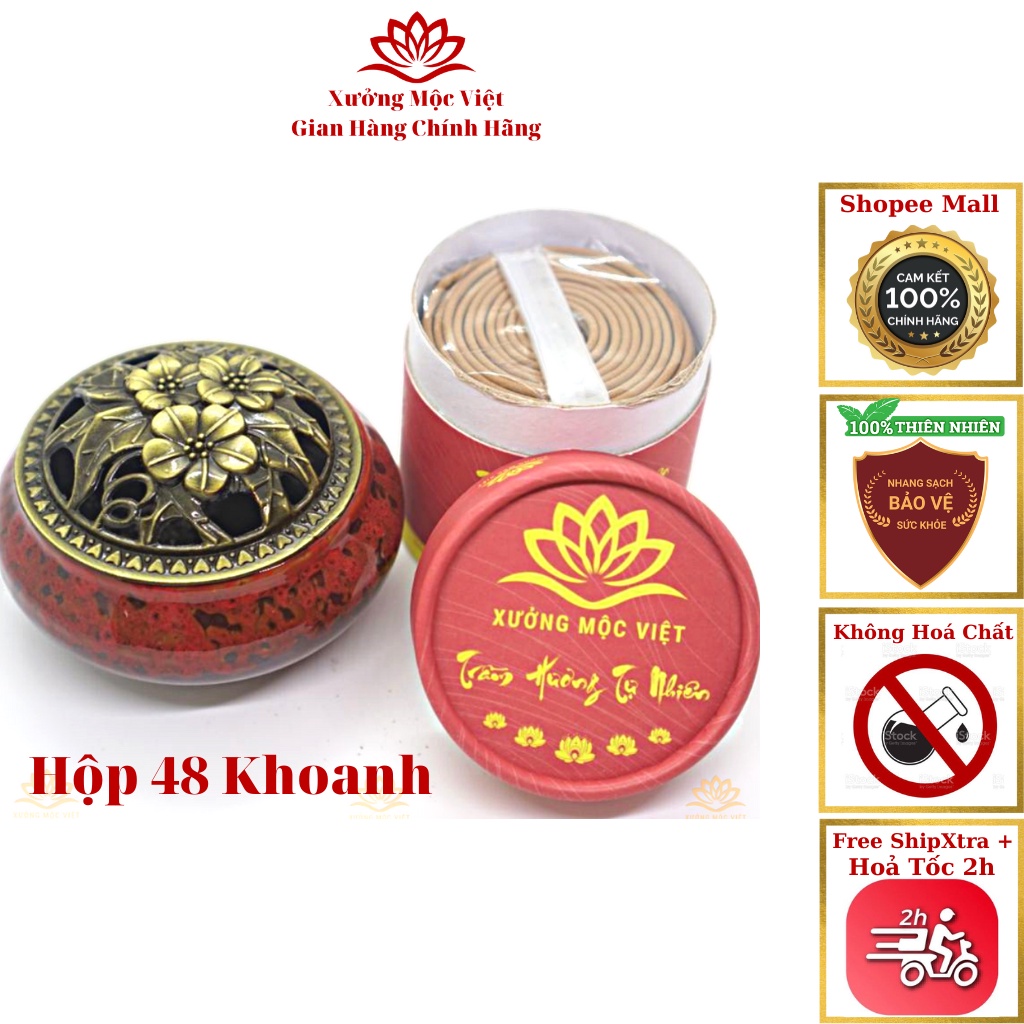 COMBO Hộp Nhang Khoanh Trầm Hương Tự Nhiên Xưởng Mộc Việt, Mỗi Khoanh Cháy 4 Giờ + Lư Sứ Xông Trầm