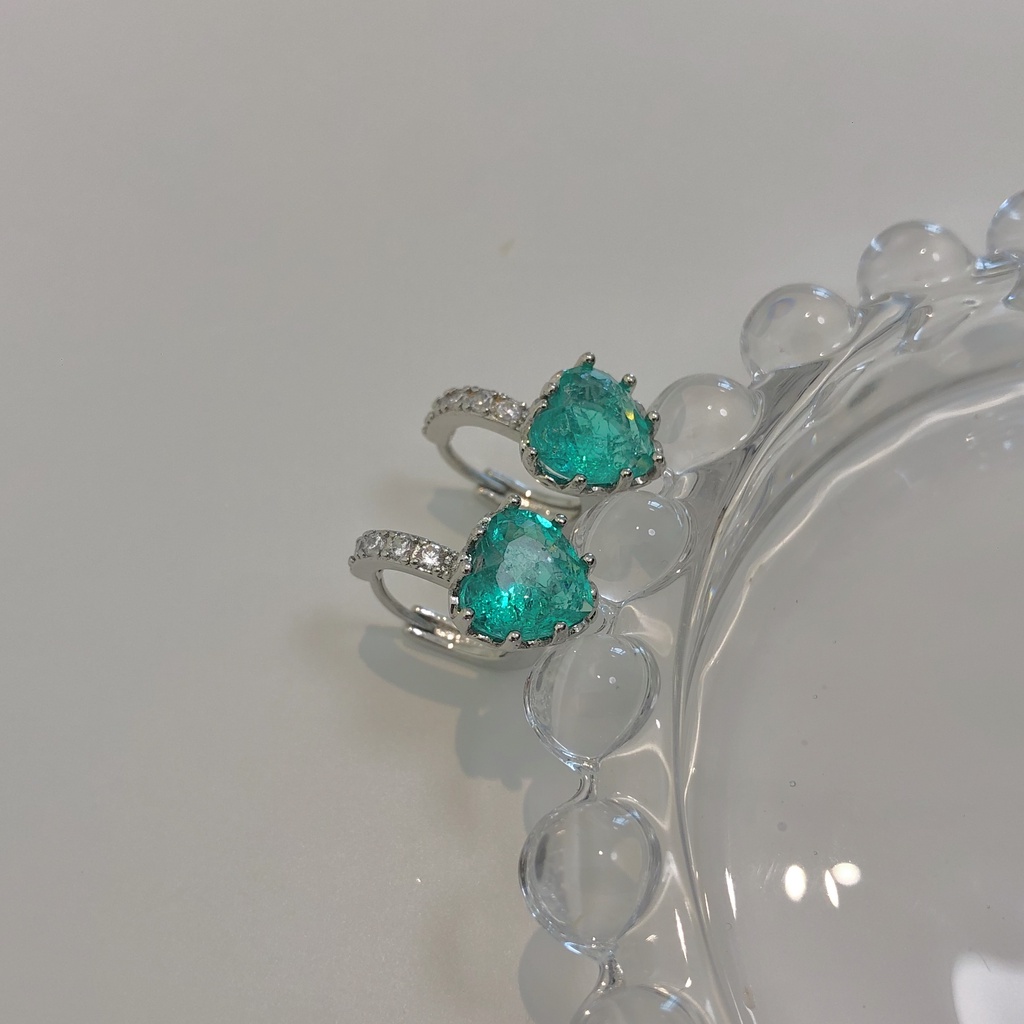 2022 Bông Tai Hình Trái Tim Đính Đá zircon Xanh Dương Phong Cách Hàn Quốc Mới