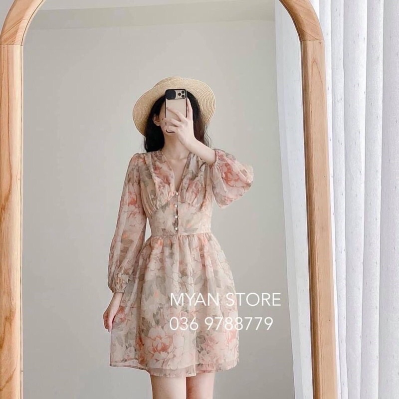 Đầm tơ in hoa cổ V MYAN STORE