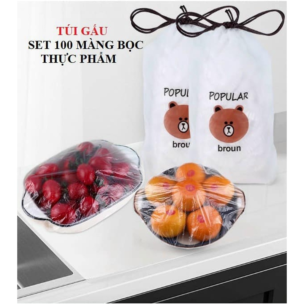 Màng bọc thực phẩm co giãn siêu dai có chun hình túi gấu - set 100 chiếc