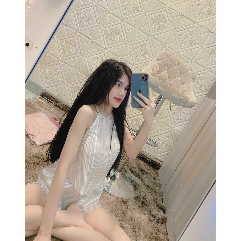 💥💥Siêu rẻ 💥Sét đồ ngủ áo yếm 💥Yếm dập ly sexy hiện đại phi lụa mềm 🥰Freesize