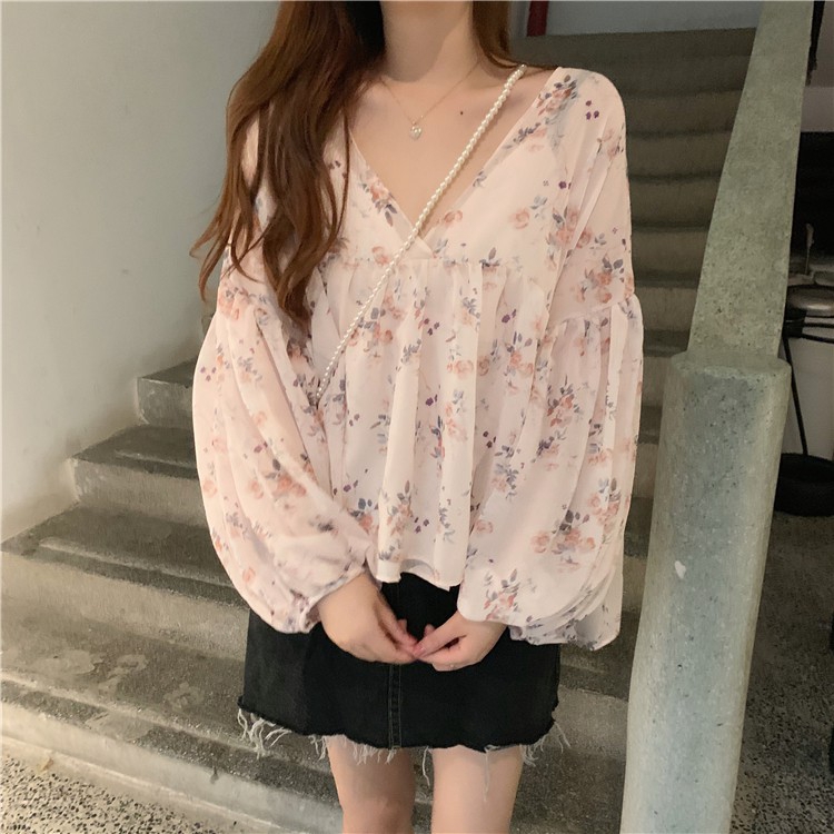 [Mã FASHIONCB81 hoàn tối đa 30K xu đơn 50K] Áo kiểu chiffon tay dài in hoa thời trang cho nữ