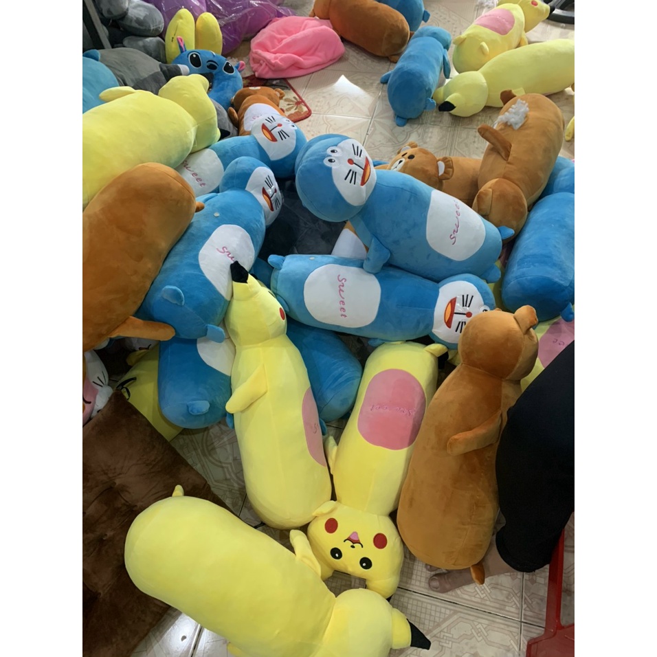 Gấu ôm Thú Nhồi Bông Cho Bé Pikachu- Thỏ - Gấu - Đoremon 60cm Chất Vải Nhung Mềm Mịn Co giãn 4 chiều