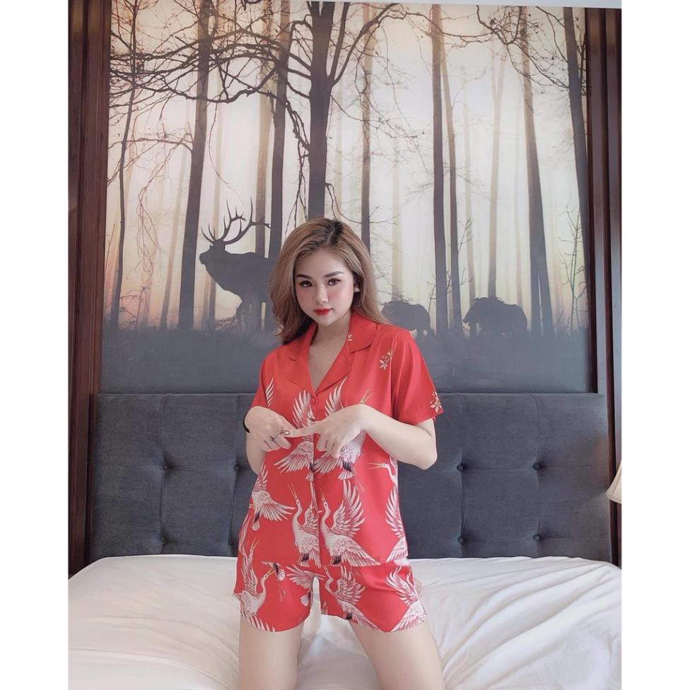 Bộ ngủ lụa Pizama Lụa hoạ tiết chim hạc hàng cao cấp