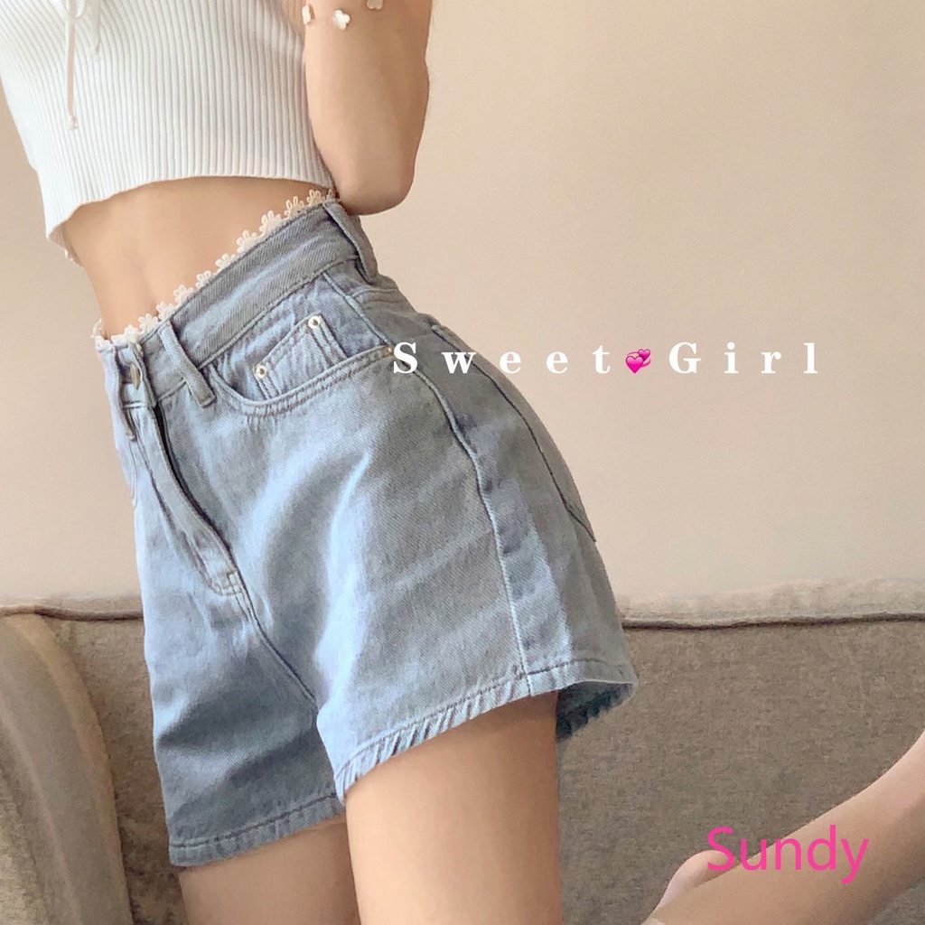 Quần Short Denim Lưng Cao Ống Rộng Thời Trang Mùa Hè Cho Bé Gái