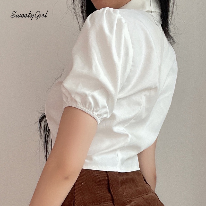 Áo Sơ Mi Cổ Bẻ Tay Ngắn Dáng Ôm Màu Trơn Phong Cách Preppy 2022 Thời Trang Cho Nữ
