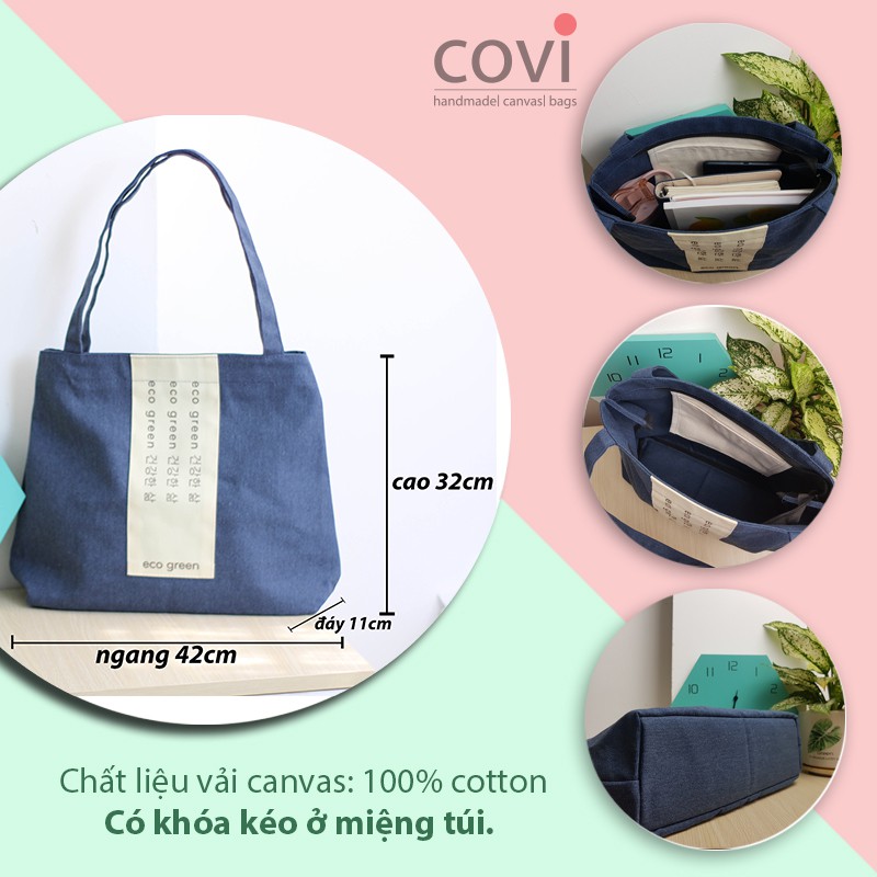 Túi Tote Vải Canvas Màu Đen, Xanh, Đỏ Thương Hiệu COVI