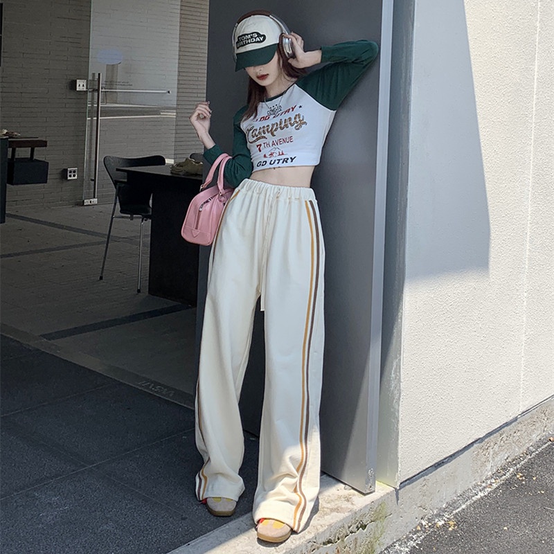 Quần Thể Thao Lưng Cao Ống Rộng Họa Tiết Kẻ Sọc Hợp Thời Trang