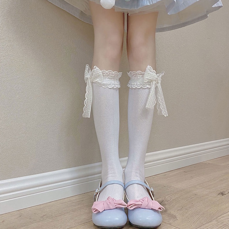 XIXI Tất Bắp Chân Cotton Phối Ren Đính Nơ Phong Cách Lolita Ngọt Ngào Cho Nữ