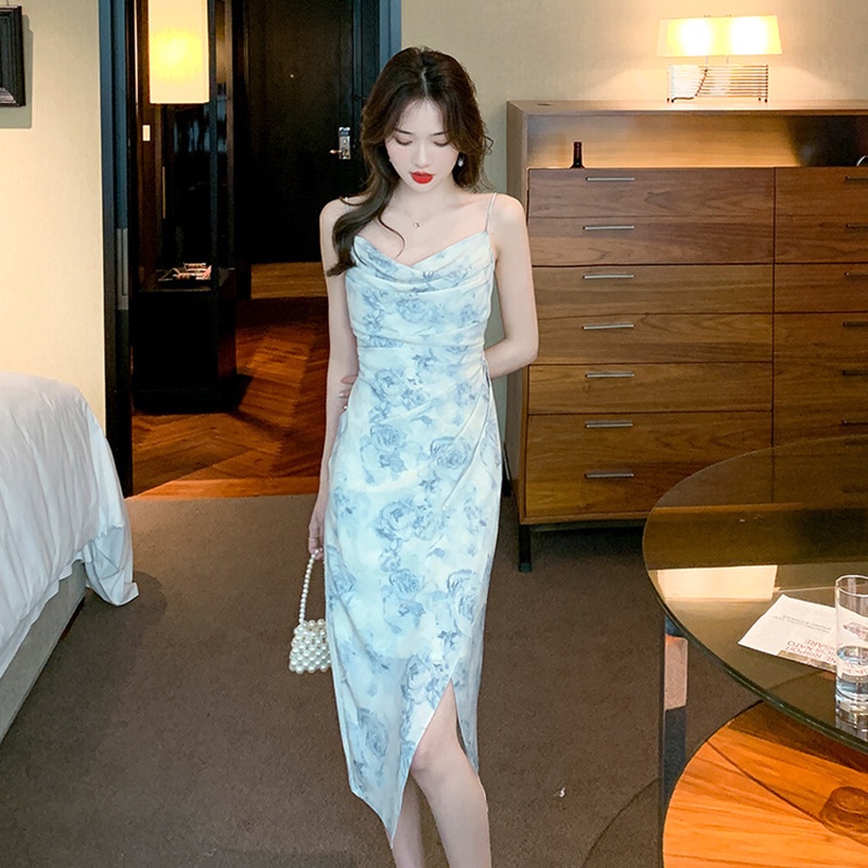 Đầm không tay IELGY màu xanh dương thanh lịch kiểu pháp cho nữ