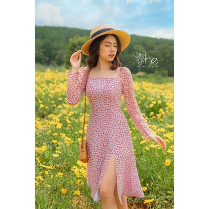 Lauren Dress - Đầm cổ vuông tay dài xẻ tà SDX92